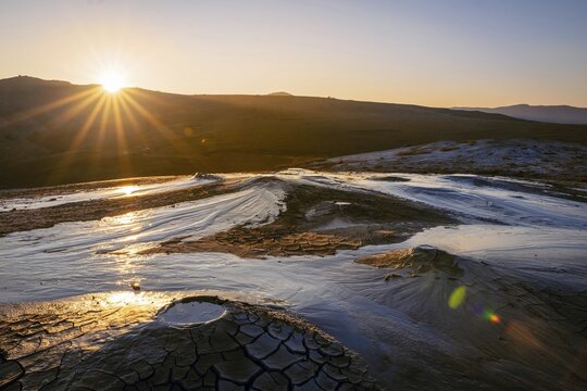 Mud volcanoes with stunning sunrise in Chahuna managed reserve in Georgia. Unique places in caucasus.Georgia