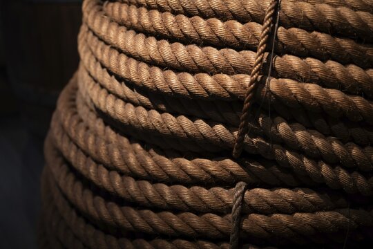 Close-up, thick rope layered on top of each other, illuminated in contrast between light and shadow, Strandingsmuseum St. George, North Sea coast, Thorsminde, Denmark