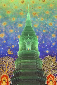 In the emerald green silence of Wat Paknam Phasi Charoen, the glass chedi rises like a glowing heart of light. Golden pillars support a cosmic ceiling that plunges the room into a sense of infinity. The wall paintings tell of Buddha's path to enlightenment and combine earthly beauty with spiritual depth that makes this place so unique, Phasi Charoen district, Thonburi, Bangkok, Thailand