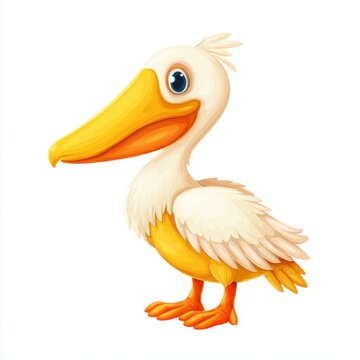 Cute White Pelican Cartoon Character With Yellow Beak Standing Isolated On White Background