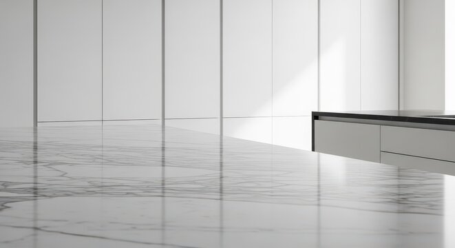 Modern office space with sleek white flooring and natural light. Bright, minimalist workspace for professionals.