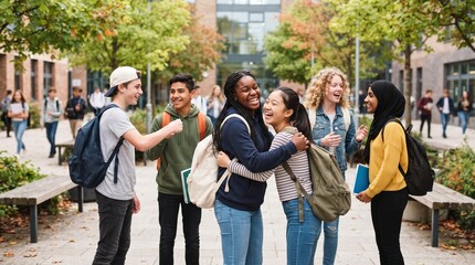 Obraz premium Group of diverse students celebrating on campus pathway.