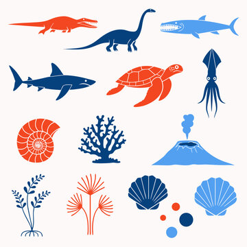 Minimalist collection of prehistoric sea animal silhouettes and underwater volcanic environment vector