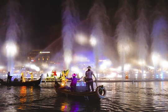 Hu Quoc, Vietnam - 3rd march, 2025: The Colors of Venice show at Grand World Phu Quoc, Vietnam. Live performers on gondolas, massive water-fountain stage with vibrant 3D mapping and laser projections