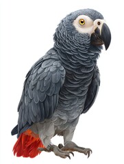 Fototapeta premium Detailed African Grey Parrot Isolated On White Background With Vibrant Red Tail Feathers And Orange Eye