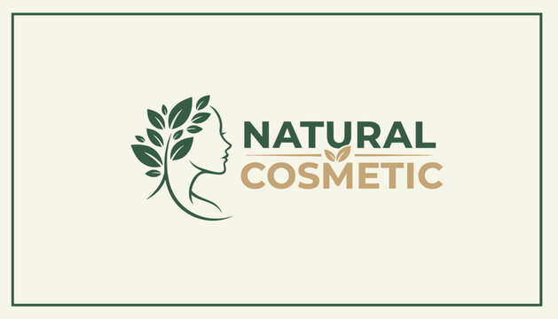 Elegant natural cosmetic logo design featuring a female silhouette with leaf hair outline on a beige background.
