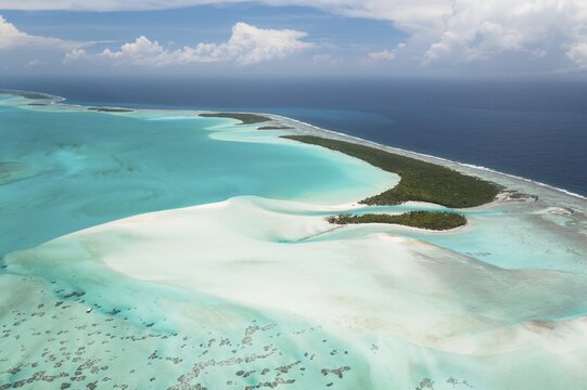 Aerial view of One Foot Island and Lagoon of Aitutaki, Cook Islands