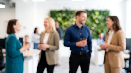 Obraz premium Group of professional business colleagues standing in modern office with green living wall background having friendly conversation and networking during office break time