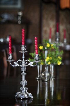 Three-armed candle holders, Chapslee Hotel, former summer residence of the Raja of Kapurthal, Elysium Hill, Lakkar Bazar, Shimla, Himachal Pradesh, North India, India