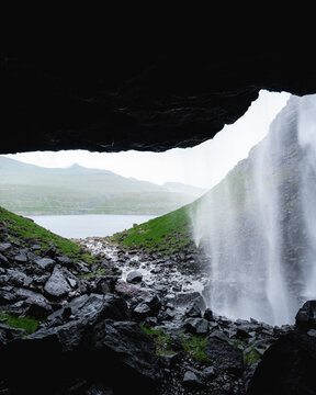 Cave view of Fossa Waterfall, Faroe Islands