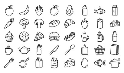 Naklejka premium Black and White Food and Household Line Art Vector Collection Isolated on White