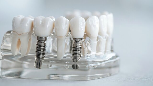 Dental model showing titanium dental implants and ceramic crowns restoration
