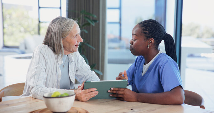 Nurse, talk and old woman in house with tablet, online test results and good news for health checkup. Senior person, caregiver and happy in home with tech, advice and positive feedback for diagnosis.
