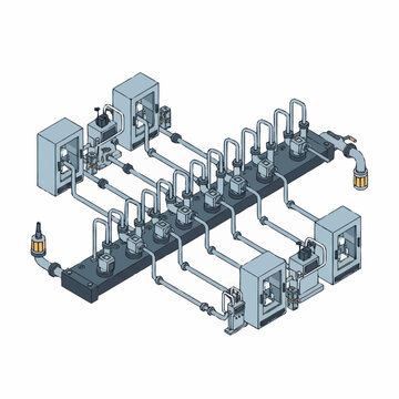 Industrial piping system with valves and gauges.
