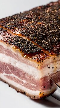 Black pepper bacon slab being sliced by sharp metal knife on white background in studio