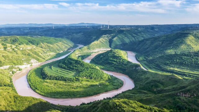Aerial Time-lapse Of the Winding Jing River Cutting Through Lush Green Loess Hills, Shaanxi, China. 
