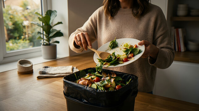 Woman scraping fresh salad leftovers into kitchen compost bin