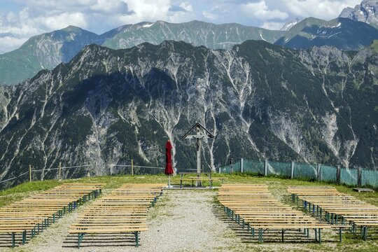 Seating and cruez for mountain service at Schlappoldsee station of the Fellhorn cable car, in the back mountains of the Allg&auml;u Alps, Oberstdorf, Oberallg&auml;u, Bavaria, Germany