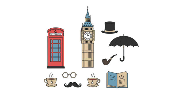 Set of classic British icons including a red telephone booth, Big Ben tower, tea cups, black umbrella, and top hat.
