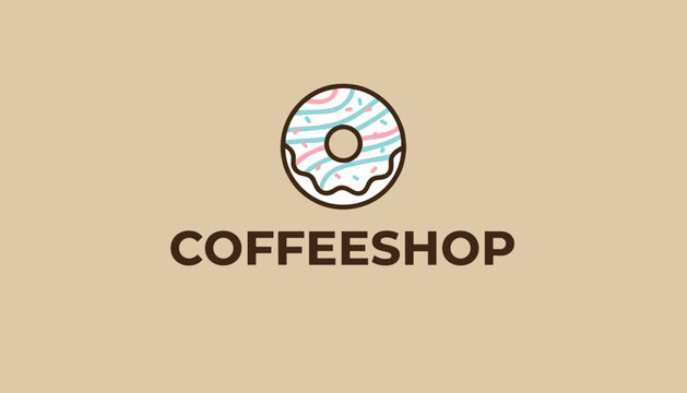 Minimalist coffeeshop logo with a delicious glazed donut icon featuring pink and blue stripes on a soft beige background.
