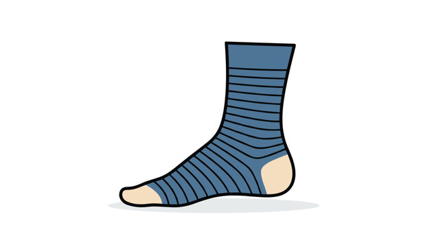 Detailed vector illustration of a comfortable human foot wearing a blue striped sock with a light cream heel and toe area.