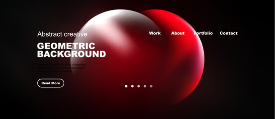 Plakat Dark background features vibrant red sphere. Website header includes navigation options work, about, portfolio, contact. Minimalist design.