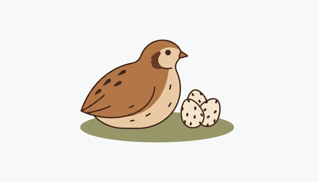 Quail bird sitting quietly on a green patch next to three speckled quail eggs, isolated on a light grey background.