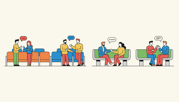 Diverse people sitting on benches and talking to each other with speech bubbles in a stylized flat illustration.