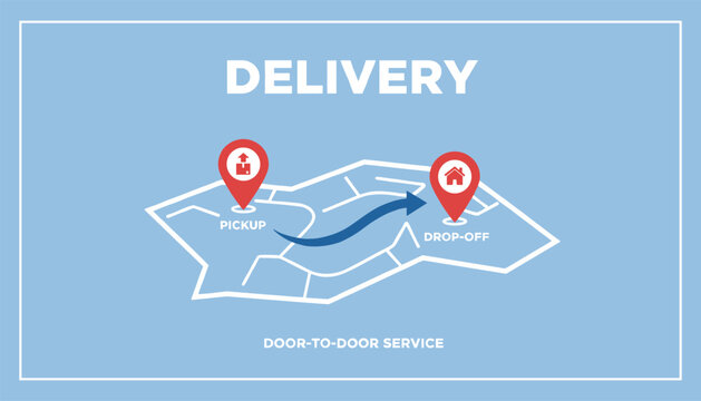 Delivery door-to-door service map infographic showing the pickup and drop-off points connected by a blue arrow.