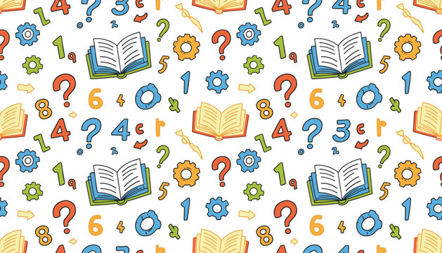 Seamless mathematical educational pattern with open books, numbers, question marks, gears, and school symbols.