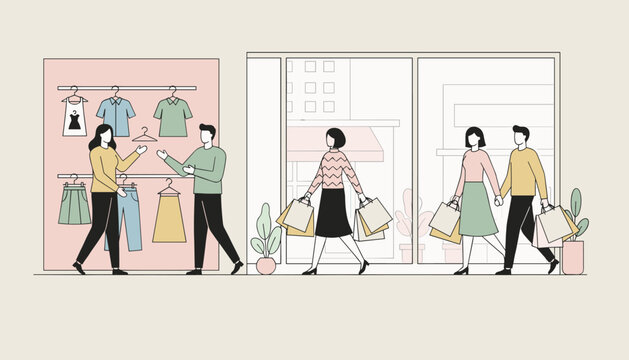 Shoppers walking near clothing store window displays and holding colorful paper shopping bags in a modern flat design.