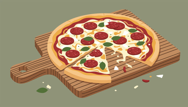 Freshly baked pepperoni pizza with melting cheese and basil leaves on a rustic wooden cutting board, with one slice cut out.