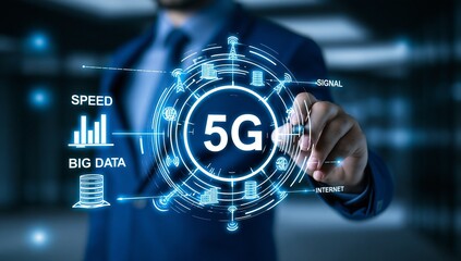 Obraz premium Businessman Using Futuristic 5G Network Hologram Interface in Modern Office
