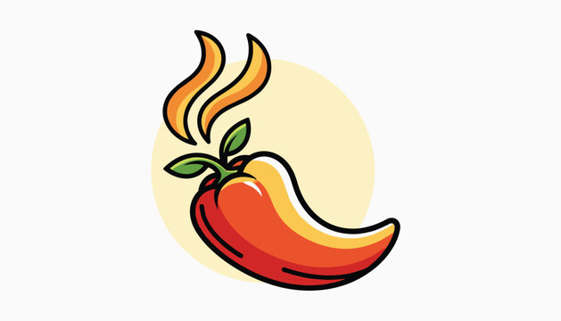 Hot spicy chili pepper vector illustration with steam lines and yellow circular backdrop representing hot sauce or spicy food.