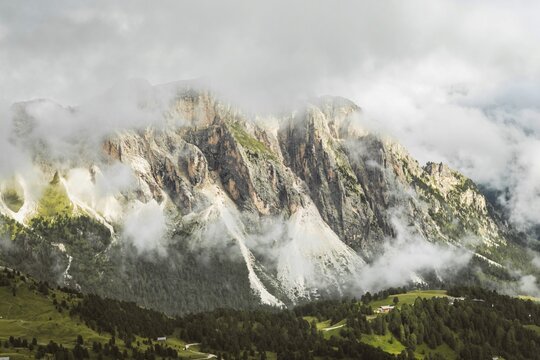 Dramatic limestone cliffs rock formations scree slopes dense alpine pine forest low clouds mist mountain peaks background Seceda Dolomites South Tyrol Italy summer landscape