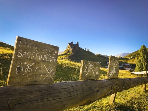 Sacred place with signs No woman in Upper Omalo. Tusheti national park sightseeing historical places.Georgia