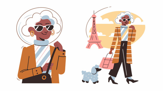 Stylish senior french woman mascot in sunglasses parisian fashion eiffel tower background