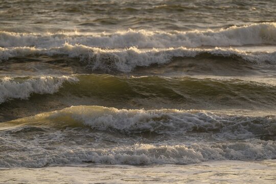 Surf, breaking waves with spray against light, Sorteb&aelig;rdalen Strand, Houvig, North Sea, Denmark