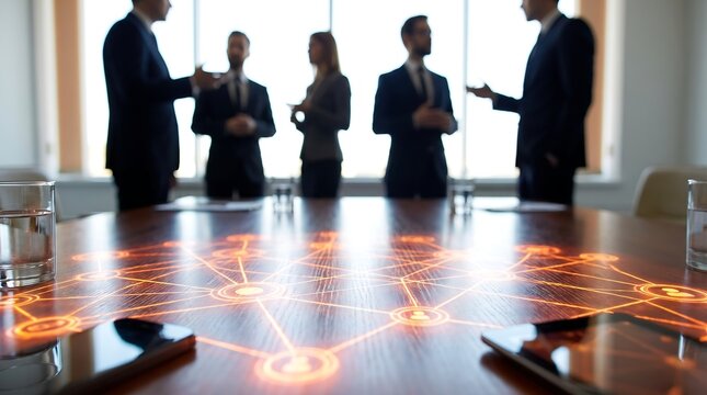 Business team in professional boardroom meeting with glowing digital network graphic on wooden table and blurred silhouettes of executives standing by office window background