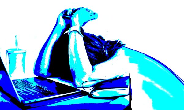 Vector illustration of a tired woman sleeping on her desk next to an open laptop, representing overwork, burnout, office fatigue, late night study, and mental stress at work.