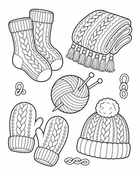 Vertical Clean black and white coloring page illustration of cozy hand-knitted winter accessories like cable knit socks, a tassel scarf, pom-pom beanie, and yarn for printable activity sheets.