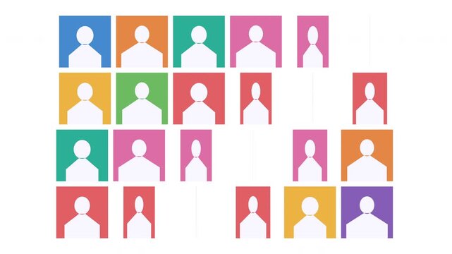 Animated profiles grid, diverse people in colorful squares, human variety