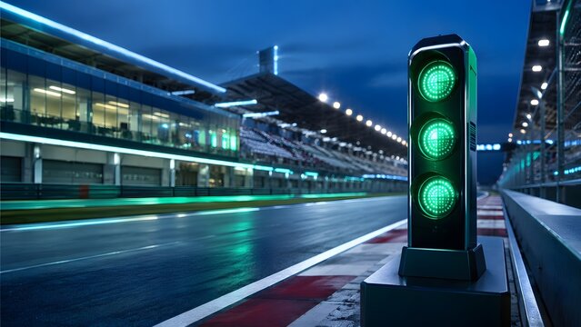 Vibrant green starting lights illuminate a sleek, modern motor racing circuit at dusk, signaling the imminent start of an exciting race on the asphalt track.
