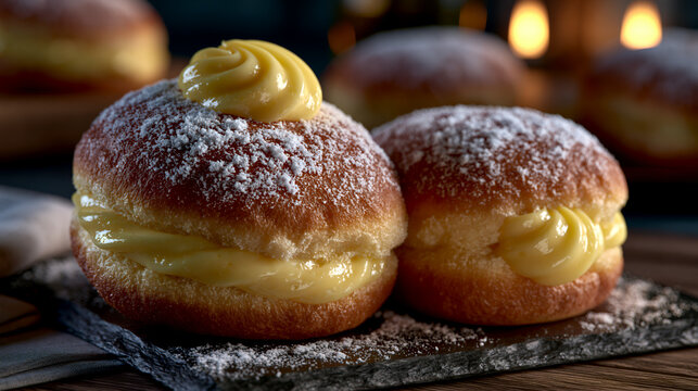 Traditional Italian Bombolone Filled with Vanilla Custard, Powdered Sugar Doughnuts on Rustic Wooden Board, Fresh Homemade Fried Pastry, Golden Sweet Bakery Dessert Close-Up