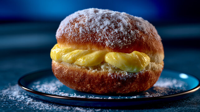 Italian Bombolone Filled with Vanilla Custard and Powdered Sugar Close Up