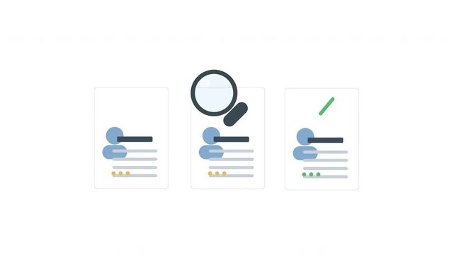 Animation of recruiting people for a job, magnifying glass over resumes