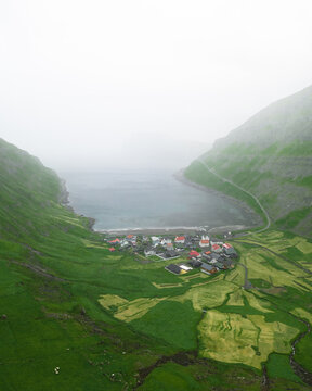 Aerial view of Tjornuvik, Faroe Islands