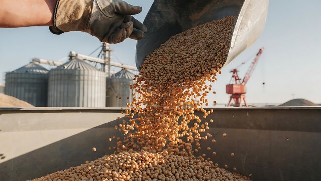 Grains of harvested corn being poured into storage silos at facility