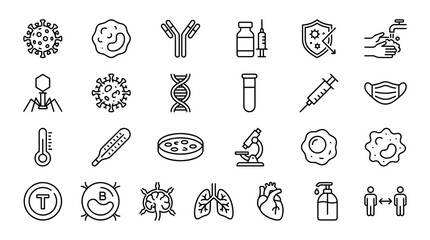 Fototapeta premium Medical icons represent various biological structures, laboratory equipment, and health safety protocols for scientific documentation.