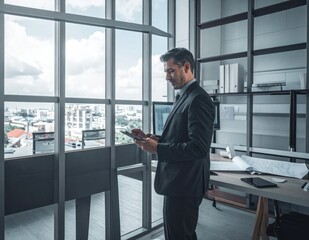 Fototapeta premium Businessman using smartphone in modern glass office.